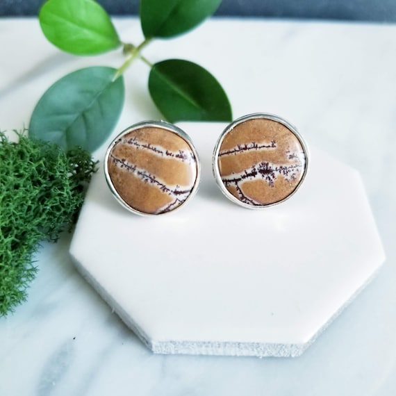 Orange, Brown & Tan Stone Sterling Silver Cuff Links- French Cuffs, Mens Fashion
