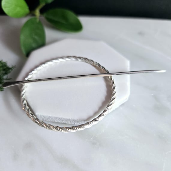 Sterling Silver Circle Twisted Shawl Pin, Hair Brooch, Hammered Clothing Jewelry