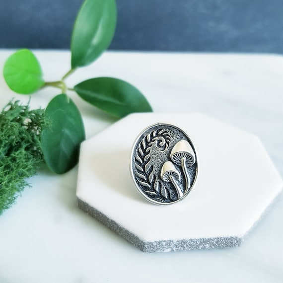 Sterling Silver Mushroom & Fern Tie Tack, Lapel Pin