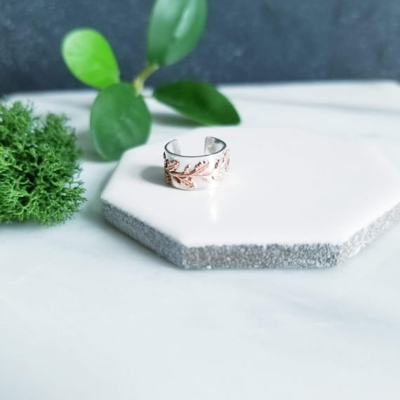 Sterling Silver Ear Cuff: Copper Leaf Branch, Handmade Jewelry