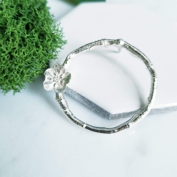 Twig Branch & Flower Circle Sterling Silver Brooch Spring Fashion,Twig Jewelry