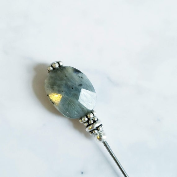Labradorite Stone & Sterling Silver Hat Pin-3 inch pin, hijab pin