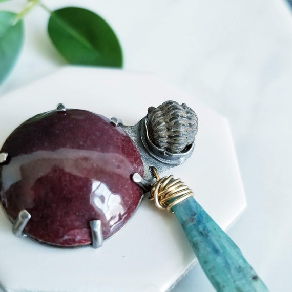 Mixed media brooch- fused glass, fossil, kyanite stone, sterling silver pin