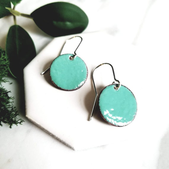 Robins Egg Blue Enamel Earrings: Copper Sterling Silver Disks
