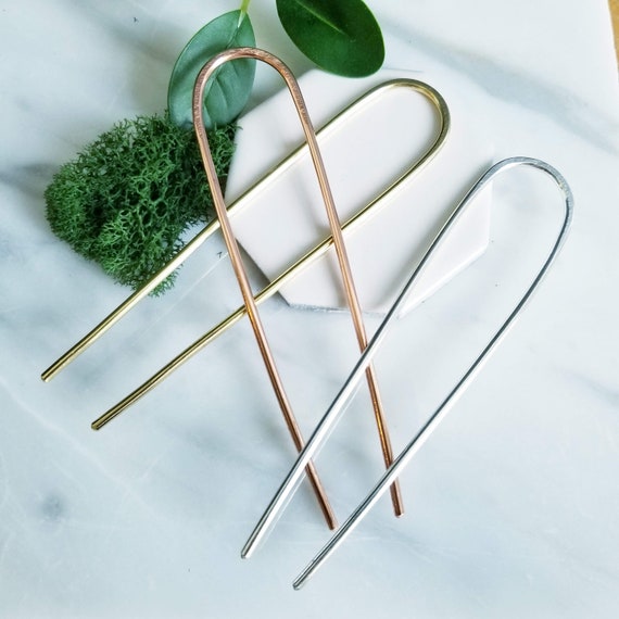 Minimalist Metal Hair Fork Pin: Sterling Silver, Bronze, Copper
