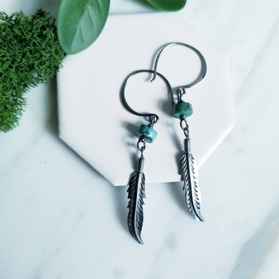 Turquoise and Sterling silver feather drop earrings boho jewelry