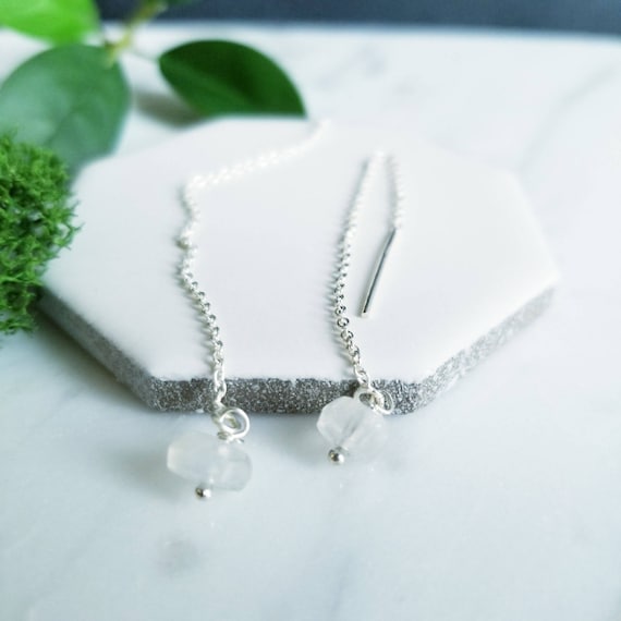 Sterling Silver and White faceted Moonstone Threader Earrings, Chain Earrings, made in Canada