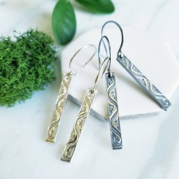 Sterling Silver Floral Scroll Bar Drop Earrings - Handmade in Canada