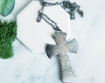 Daisy Embossed Sterling Silver Cross Necklace, Long Cross Necklace