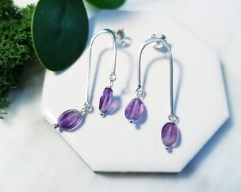 Lilac Amethyst Double Drop Earrings, Faceted Amethyst in Sterling Silver Post Earrings