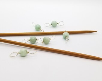 Green Blue Amazonite round stones, stitch markers, sterling silver wire, knitting supplies