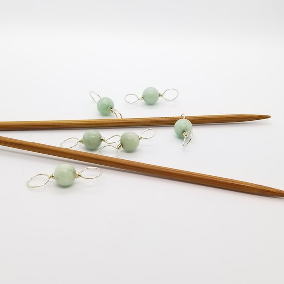 Green Blue Amazonite round stones, stitch markers, sterling silver wire, knitting supplies