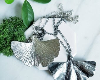 Sterling Silver Ginkgo Leaf Necklace,  Botanical Necklace,  Forged Leaf Jewelry