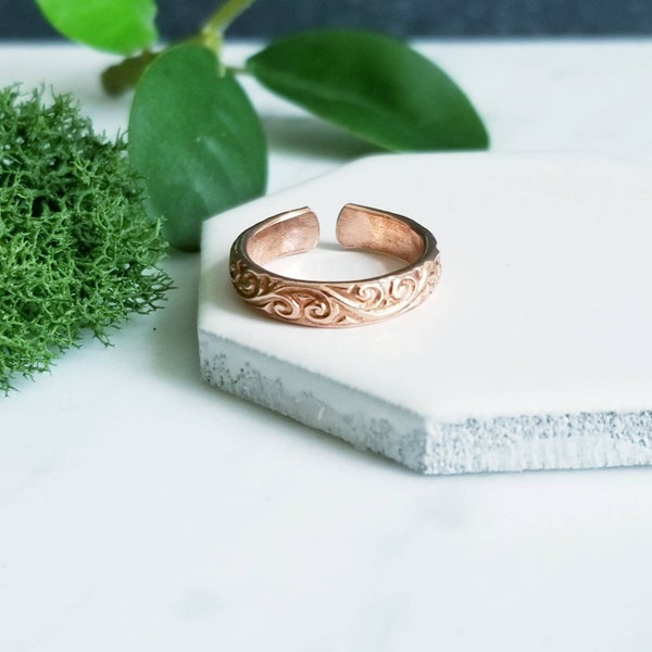3mm Copper Toe Ring- Scroll Floral Design