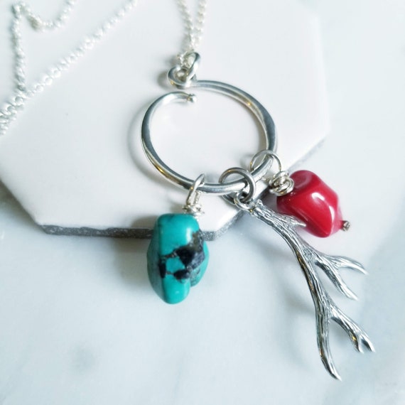 Sterling Silver Charm Necklace: Turquoise, Red Coral, Antler Pendant