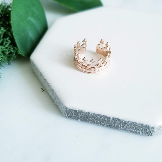 SOLID 14K Rose Gold Queen or King Crown Ear Cuff, Faux Piercing