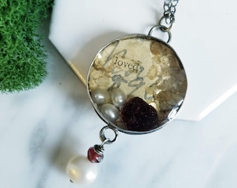 Loved- Resin Locket, Sterling Silver, Raw Garnet, Pearls, Mica, Sterling Silver Chain