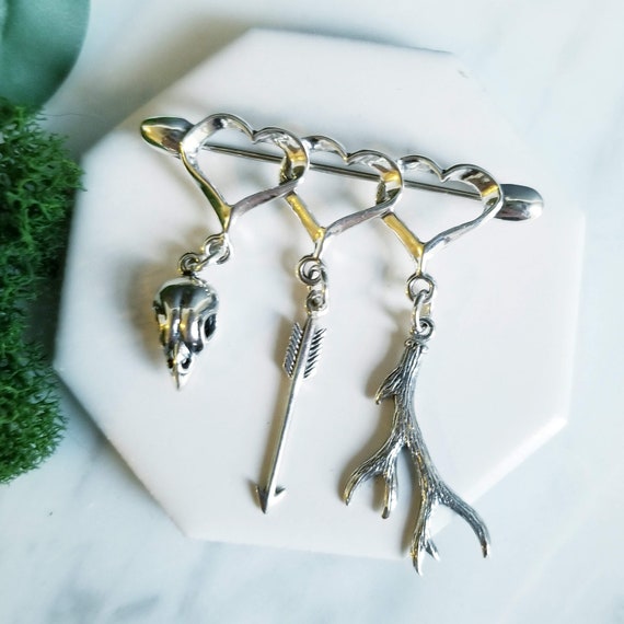 Huntress- Sterling Silver Heart Brooch, Sparrow Bird Skull, Antler, Arrow , Gothic Jewelry