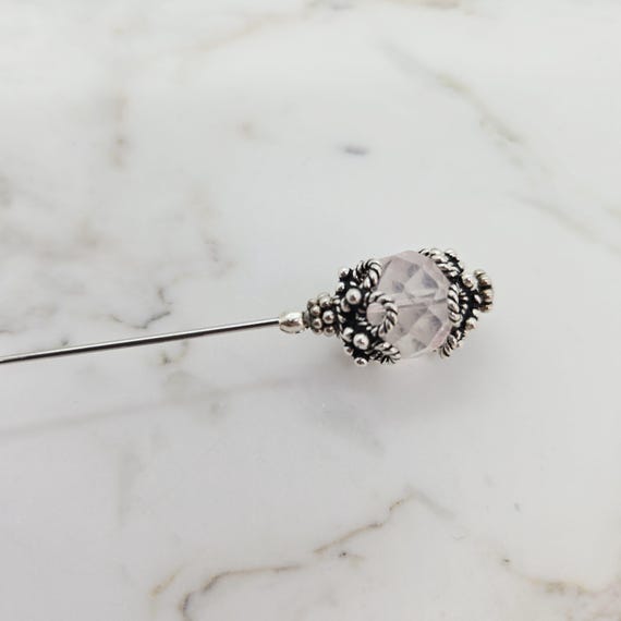 Faceted Rose Quartz & Sterling Silver Hat Hijab Pin - 6 inch