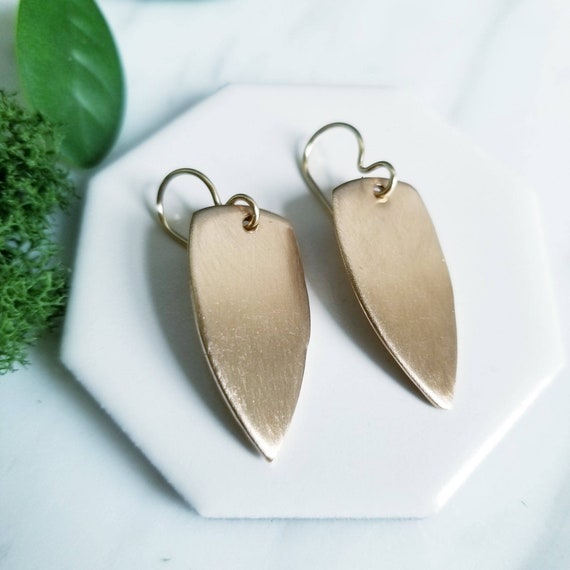 Bronze Shield Earrings, Gold Filled Ear Wires Dangle Earrings, Satin Finish