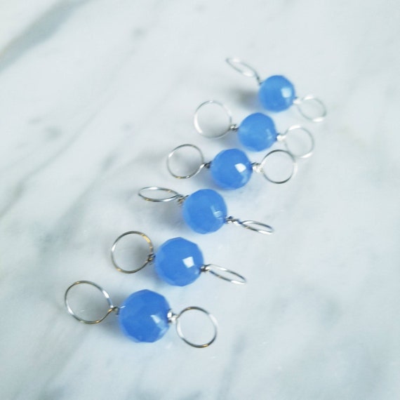 Denim Blue Quartz, Sterling Silver Double Ended Stitch Markers- Set of 6