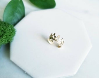 SOLID 14K Yellow Gold Princess Crown Ear Cuff, Faux Piercing