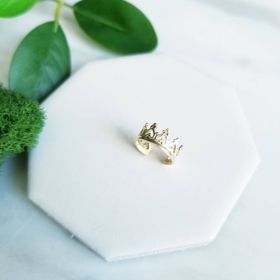 SOLID 14K Yellow Gold Princess or Prince Crown Ear Cuff, Faux Piercing