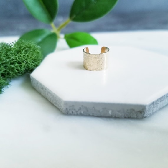 SOLID 14K Yellow Gold Wide Silk Texture Ear Cuff, Faux Piercing