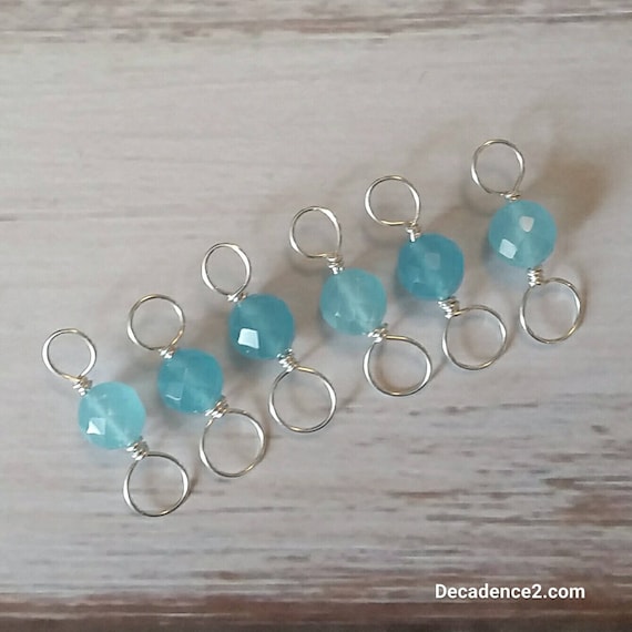 Aqua Blue Quartz, Sterling Silver Double Ended Stitch Markers- Set of 6