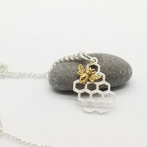 Sterling silver honeycomb necklace,  bronze bee necklace, silver charm, 16 inches, 18 inches, made in canada,