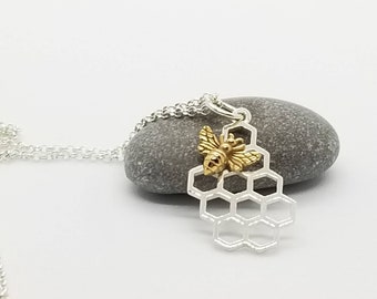 Sterling silver honeycomb necklace,  bronze bee necklace, silver charm, 16 inches, 18 inches, made in canada,