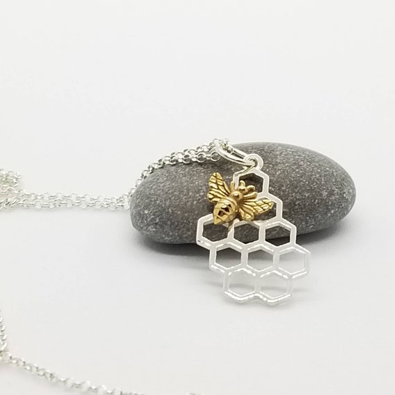 Sterling Silver Honeycomb Necklace: Bronze Bee Charm, Handmade