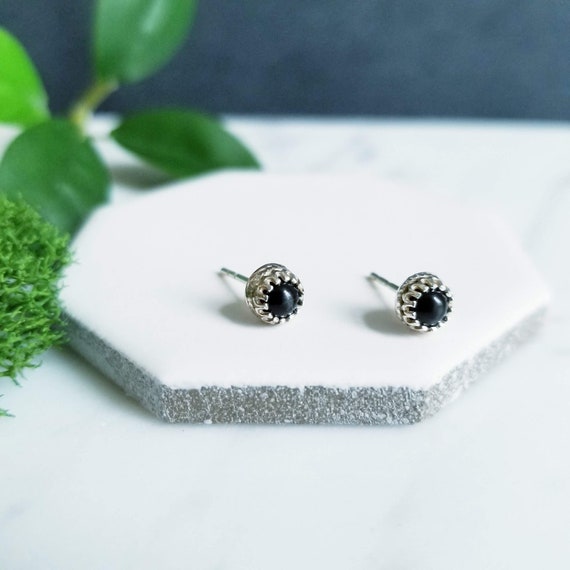 Matte Black Spinel Sterling Silver Crown Stud Earrings: 4mm Boho Gothic Earrings