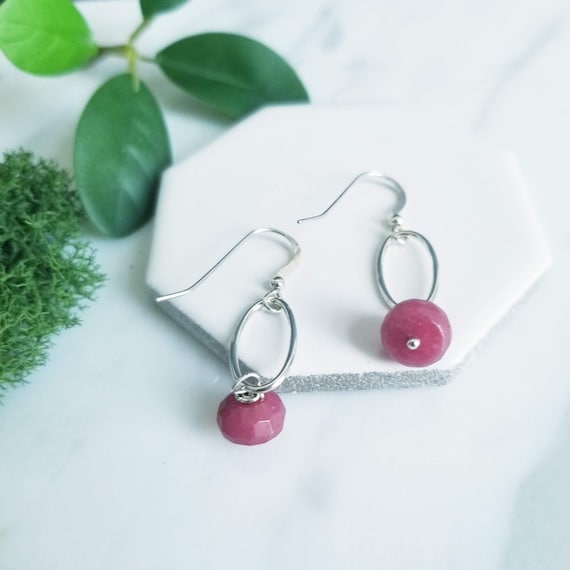 Red Ruby Bead Sterling Silver Drop Earrings