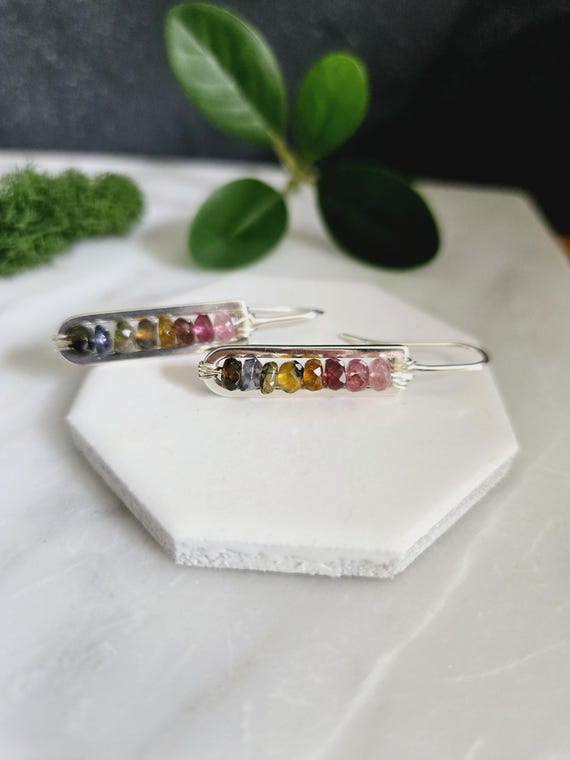 Pink, Fushcia, Blue  and Orange Tourmaline Gemstones  Sterling Silver Earrings