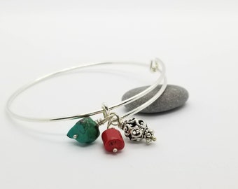 Sterling Silver Adjustable Bracelet, Turquoise, Coral , Bali Sterling Beads, stacking bangles