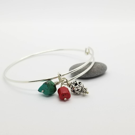 Sterling Silver Adjustable Bracelet, Turquoise, Coral , Bali Sterling Beads, stacking bangles