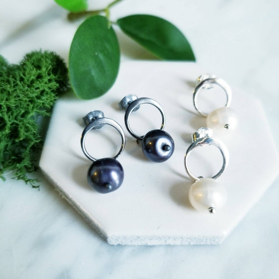 Pearl Sterling Silver Drop Earrings: Circle Post, Delicate Jewelry