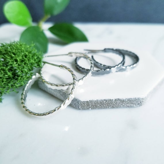 Flattened Twist Sterling Silver Braid Post Hoop Earrings