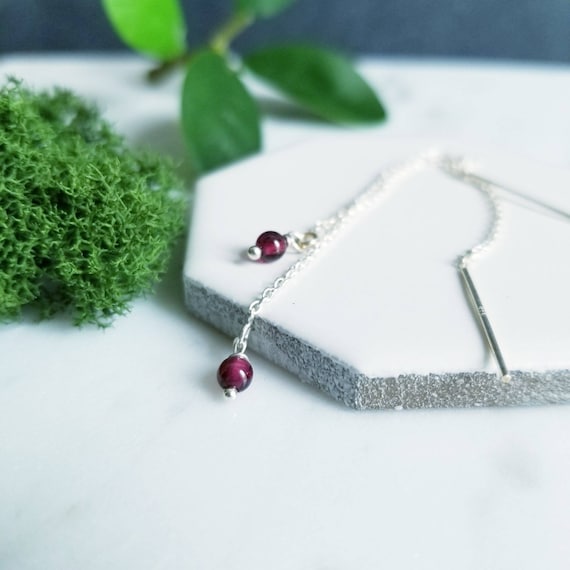 Sterling Silver and Round Garnet Red Threader Earrings, Chain Earrings, made in Canada
