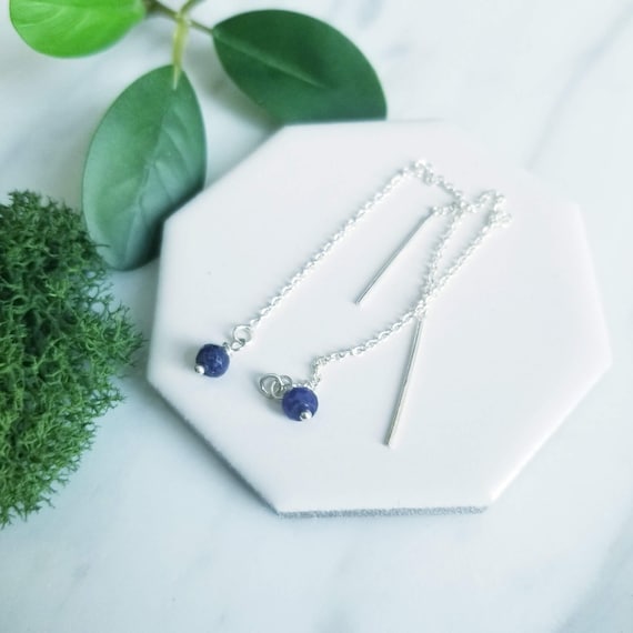 Sterling Silver and faceted  Blue Sapphire Threader Earrings, Chain Earrings, made in Canada