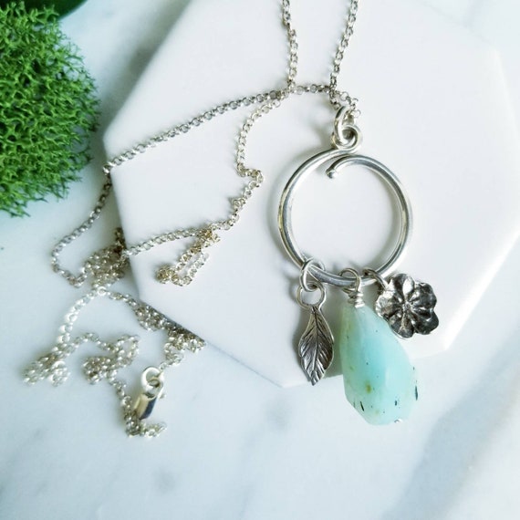 Sterling Silver Peruvian Opal Charm Necklace: Flower & Leaf Pendant
