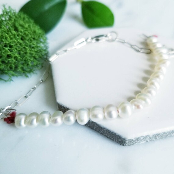 Ivory Freshwater Pearls, Red Waxed Linen Thread, Sterling Silver Bracelet