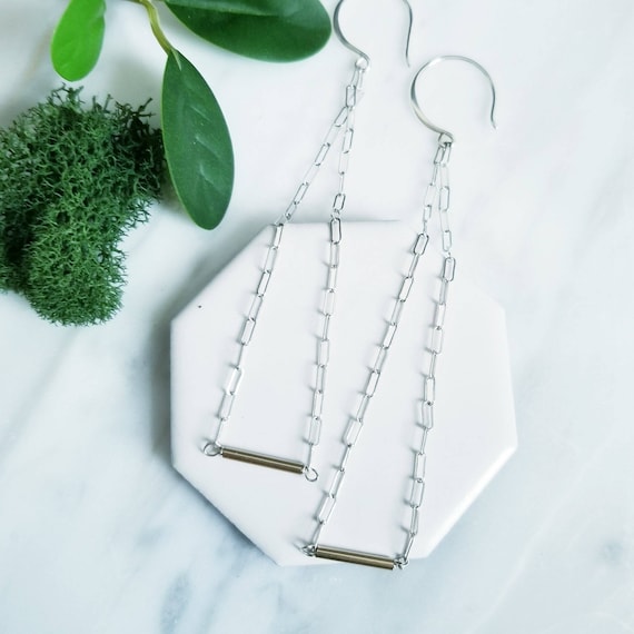 Sterling Silver, Gold Fill Tube Chain Dangle Earrings