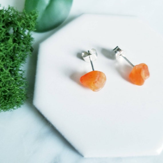 Rough Raw Red Orange Carnelian Stud Post Earring, Sterling Silver Posts