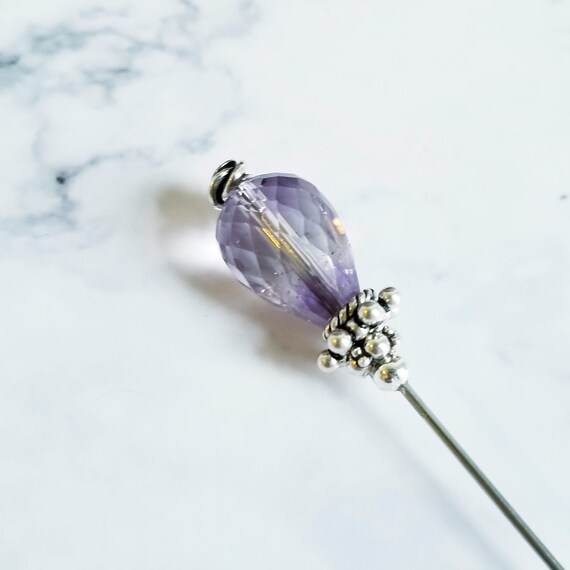 Faceted Amethyst & Sterling Silver Hat Pin - 6 inch