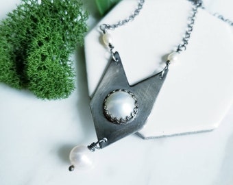 White Pearl Chevron Sterling Silver Necklace- Oxidized Silver, Large Round Pearl