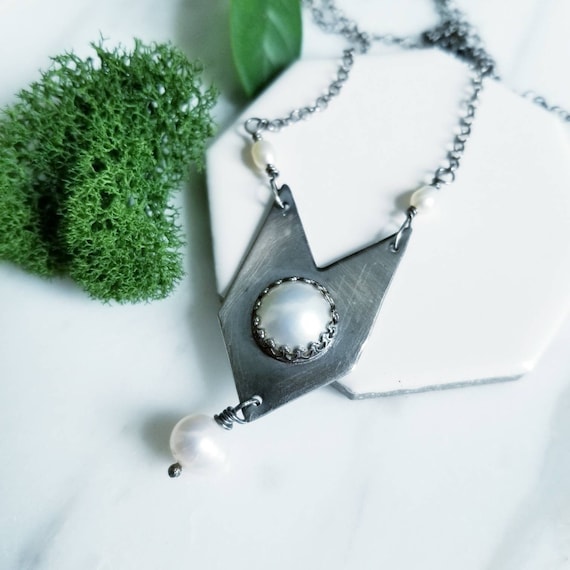 Oxidized Sterling Silver Chevron Necklace: White Pearl Dangle