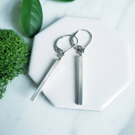 Long Square Sterling Silver Bar Earrings - Handmade Minimalist Jewelry
