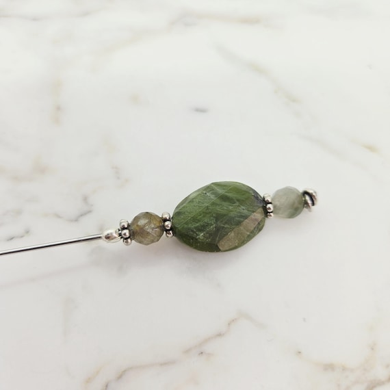 Faceted Green Stone & Sterling Silver Hat Pin-8 inch pin, hijab pin